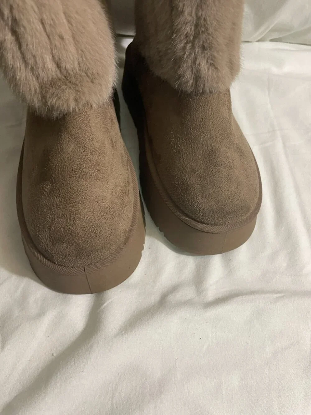 Women's Faux Fur Platform Winter Boots Brown Mid Calf Cozy Lined Size 38
